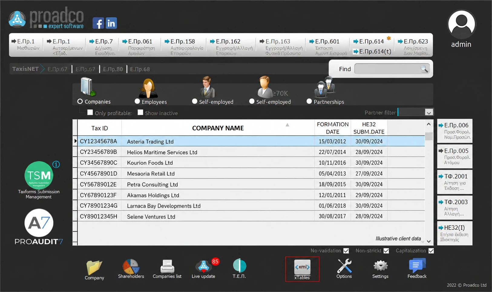 ProAudit client lobby with fictional company and tax data